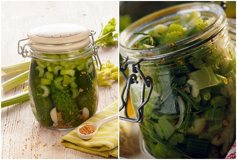 pickled cucumbers with celery in jars