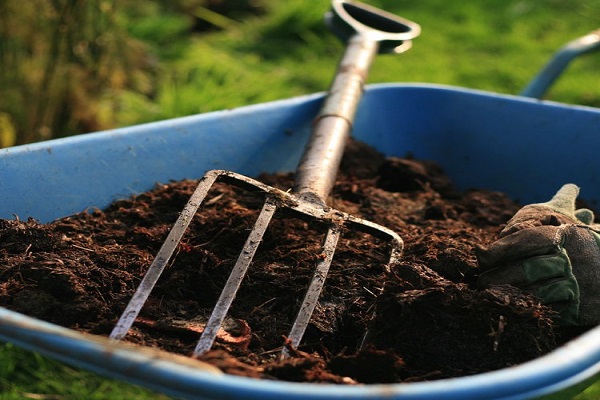 pitchfork in a wheelbarrow