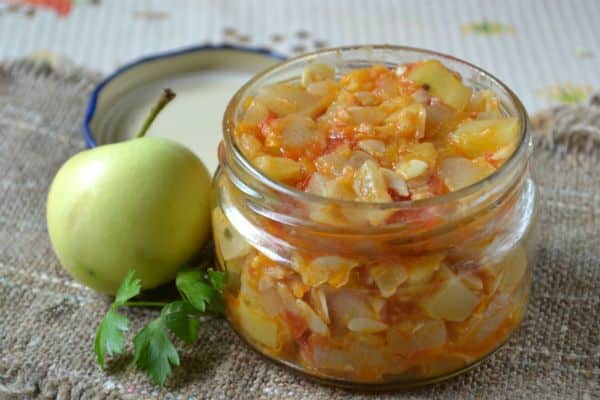 chopped lecho in a jar