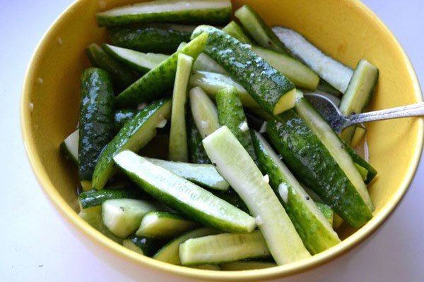 chopped cucumbers in a bowl