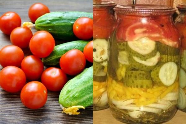 cucumbers and tomatoes in a jar